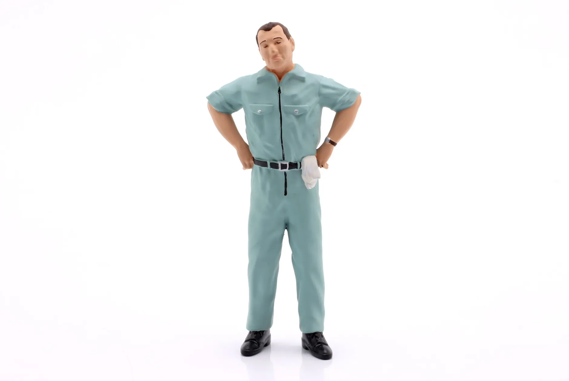 Mechaniker mit blauem Overall skeptisch - Figur 1:18 Figurenmanufaktur