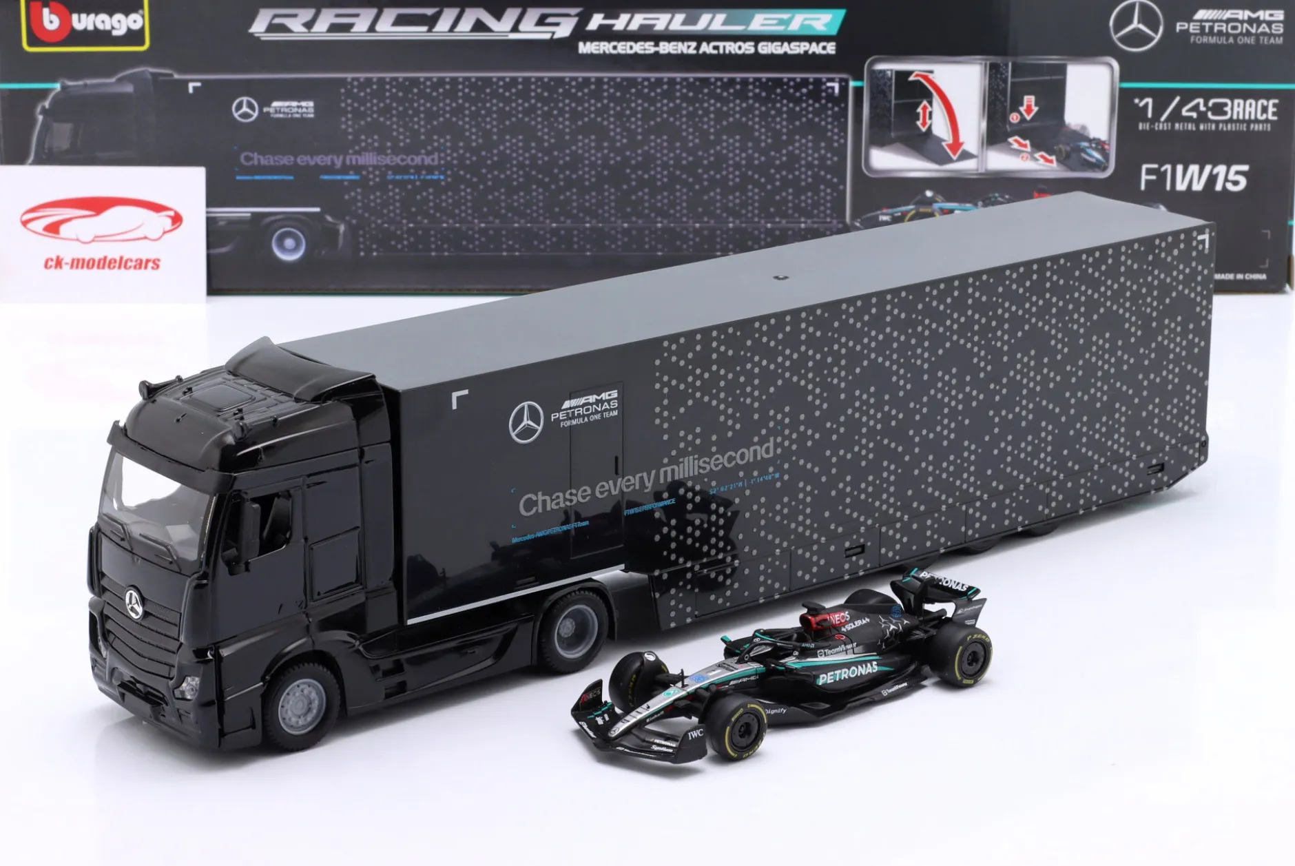Mercedes-Benz Actros Formel 1 Renntransporter mit Mercedes FW15 #63 Russell 1:43 Bburago