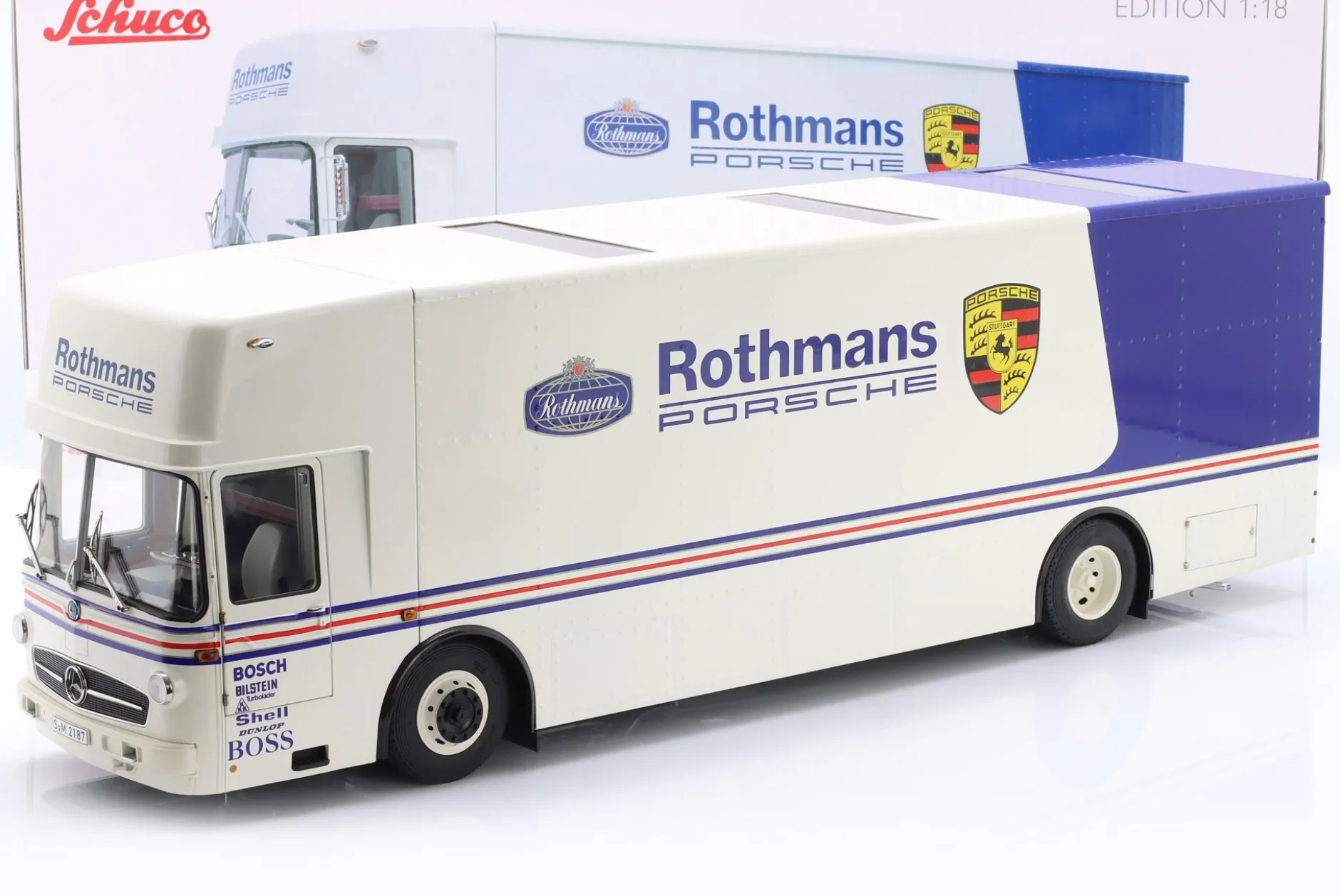 Mercedes-Benz O 317 Renntransporter Rothmans Porsche weiß 1:18 Schuco