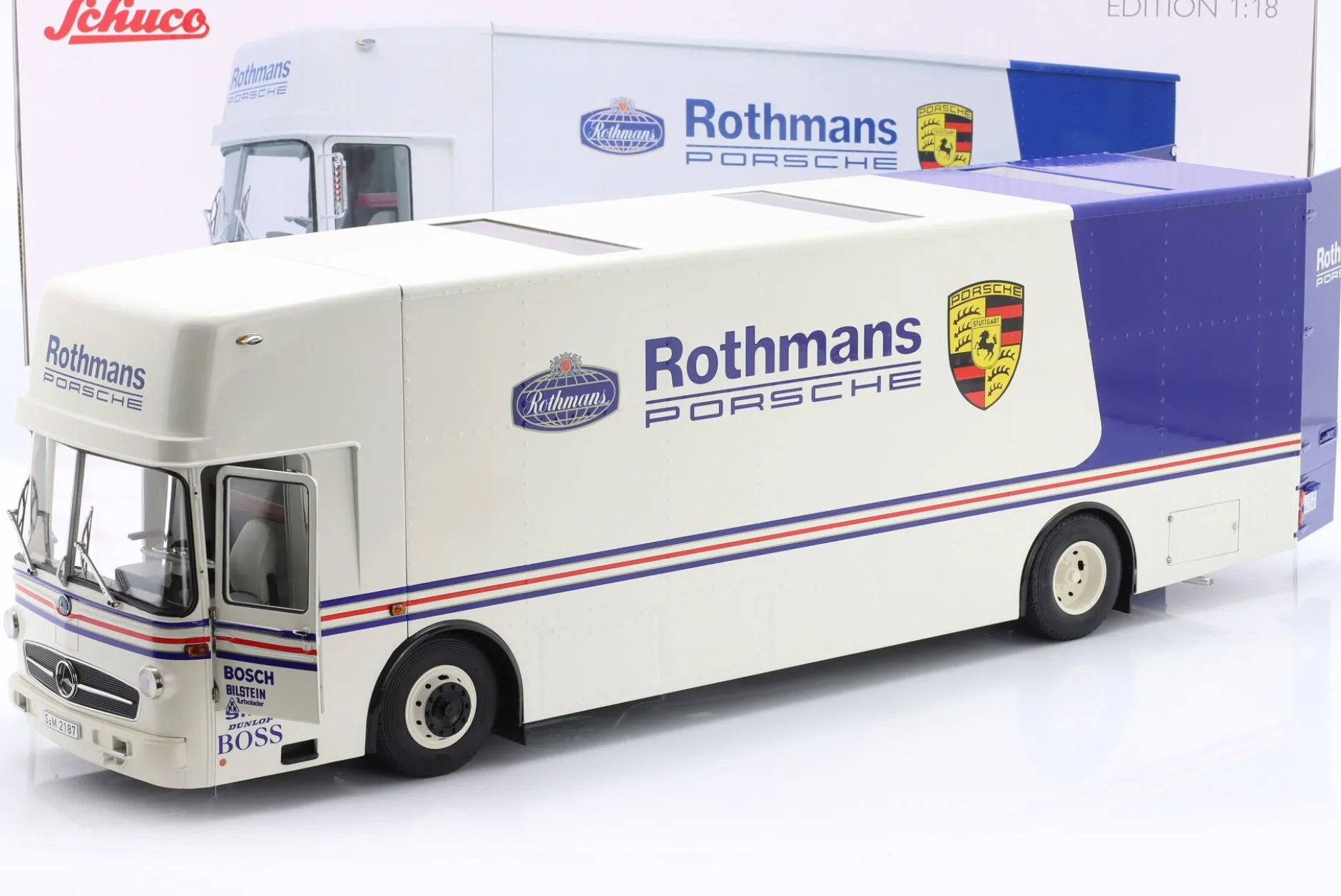 Mercedes-Benz O 317 Renntransporter Rothmans Porsche weiß 1:18 Schuco