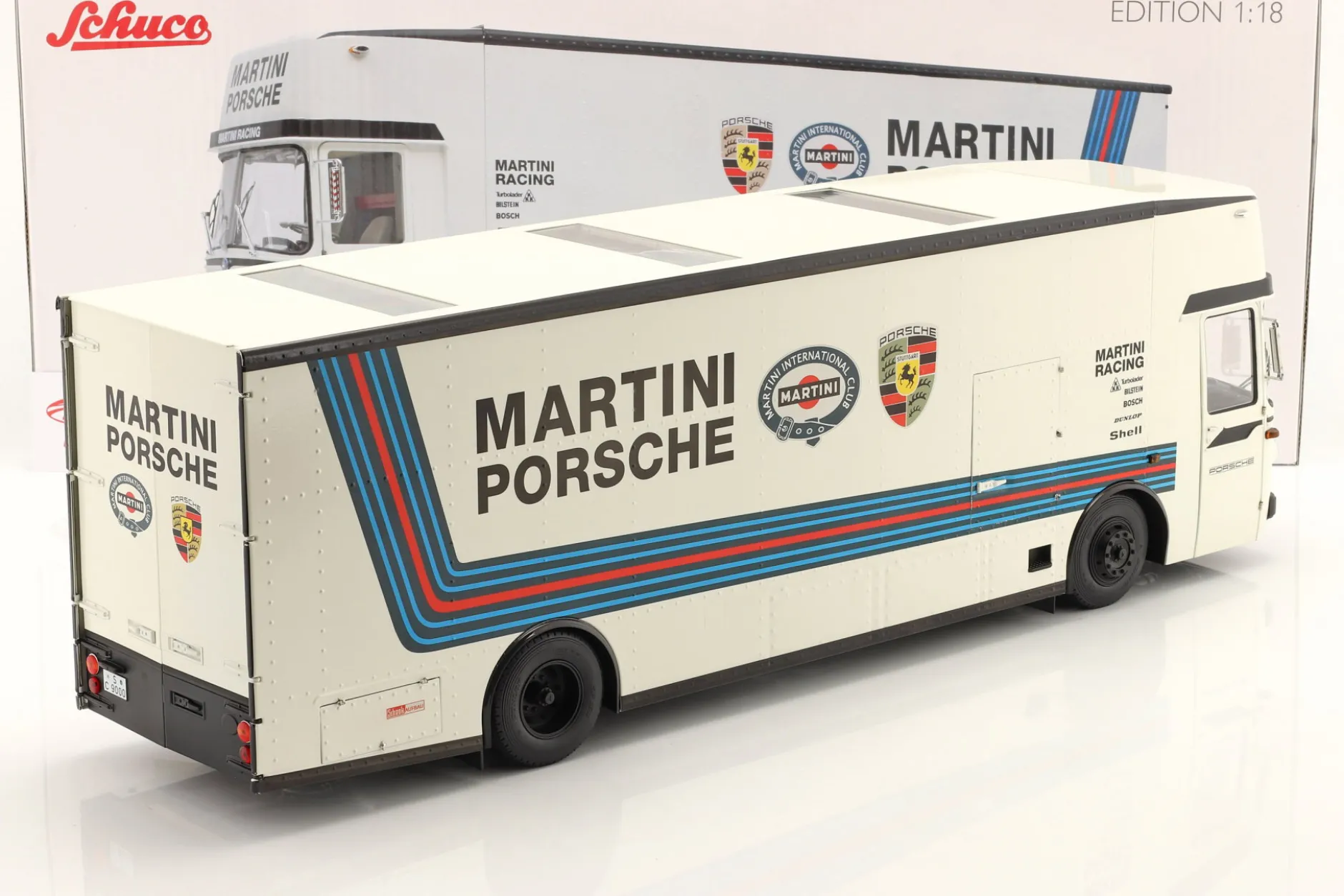 Mercedes-Benz O 317 Renntransporter Porsche Martini Racing weiß 1:18 Schuco