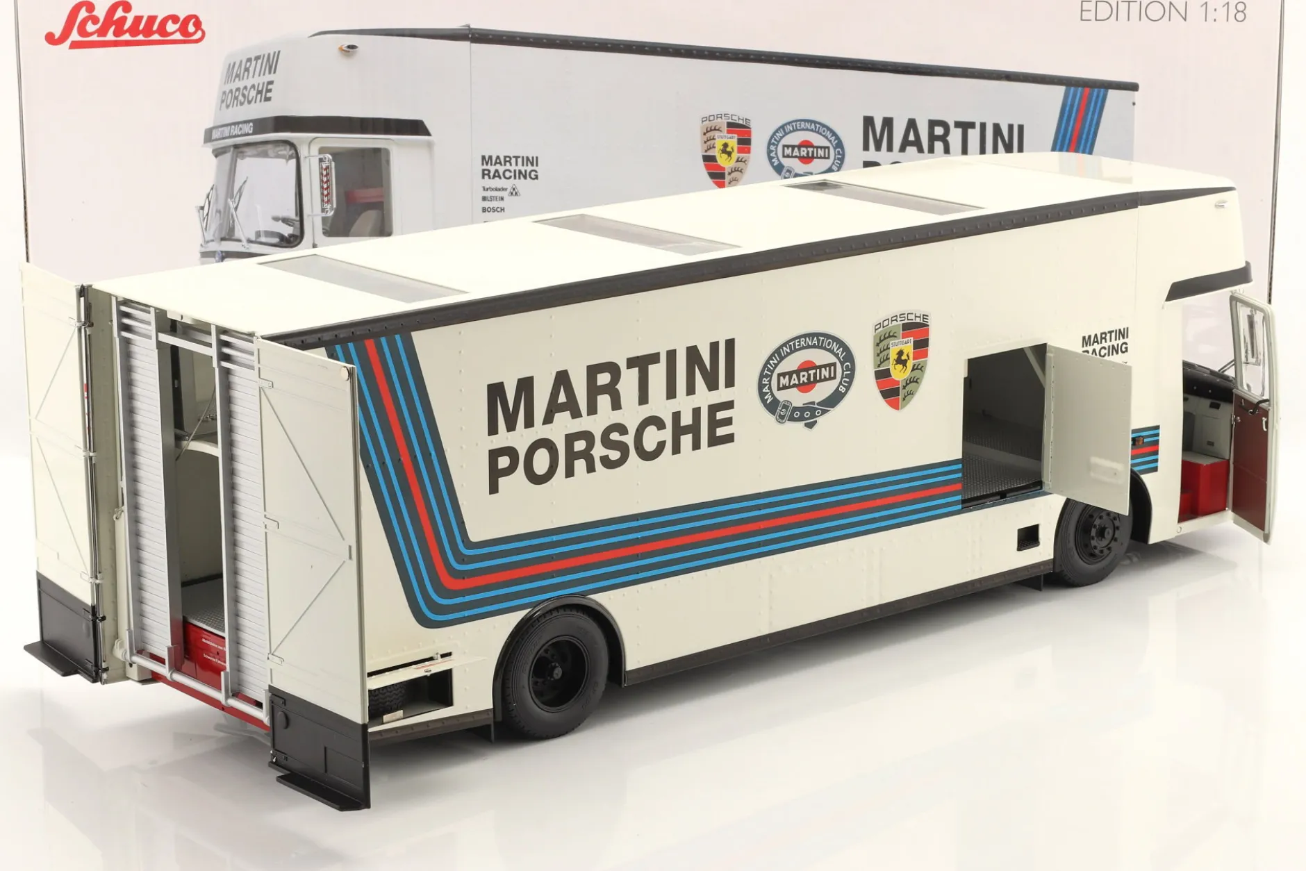 Mercedes-Benz O 317 Renntransporter Porsche Martini Racing weiß 1:18 Schuco