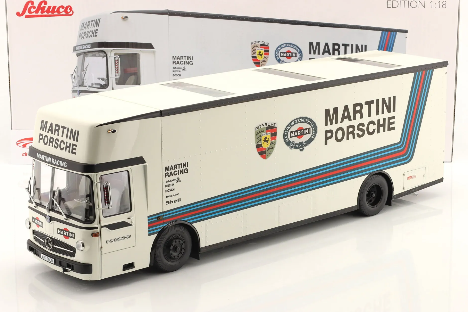 Mercedes-Benz O 317 Renntransporter Porsche Martini Racing weiß 1:18 Schuco