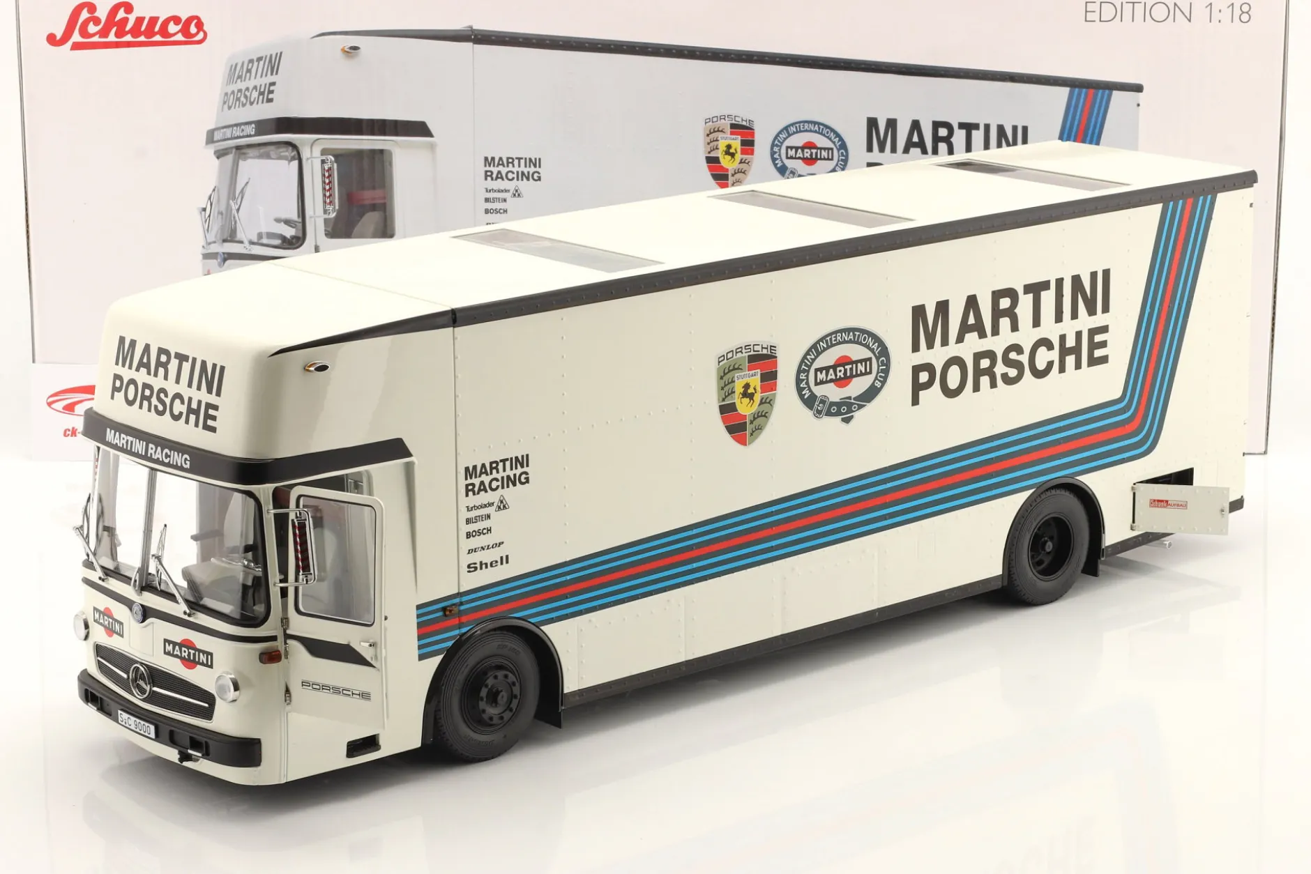 Mercedes-Benz O 317 Renntransporter Porsche Martini Racing weiß 1:18 Schuco