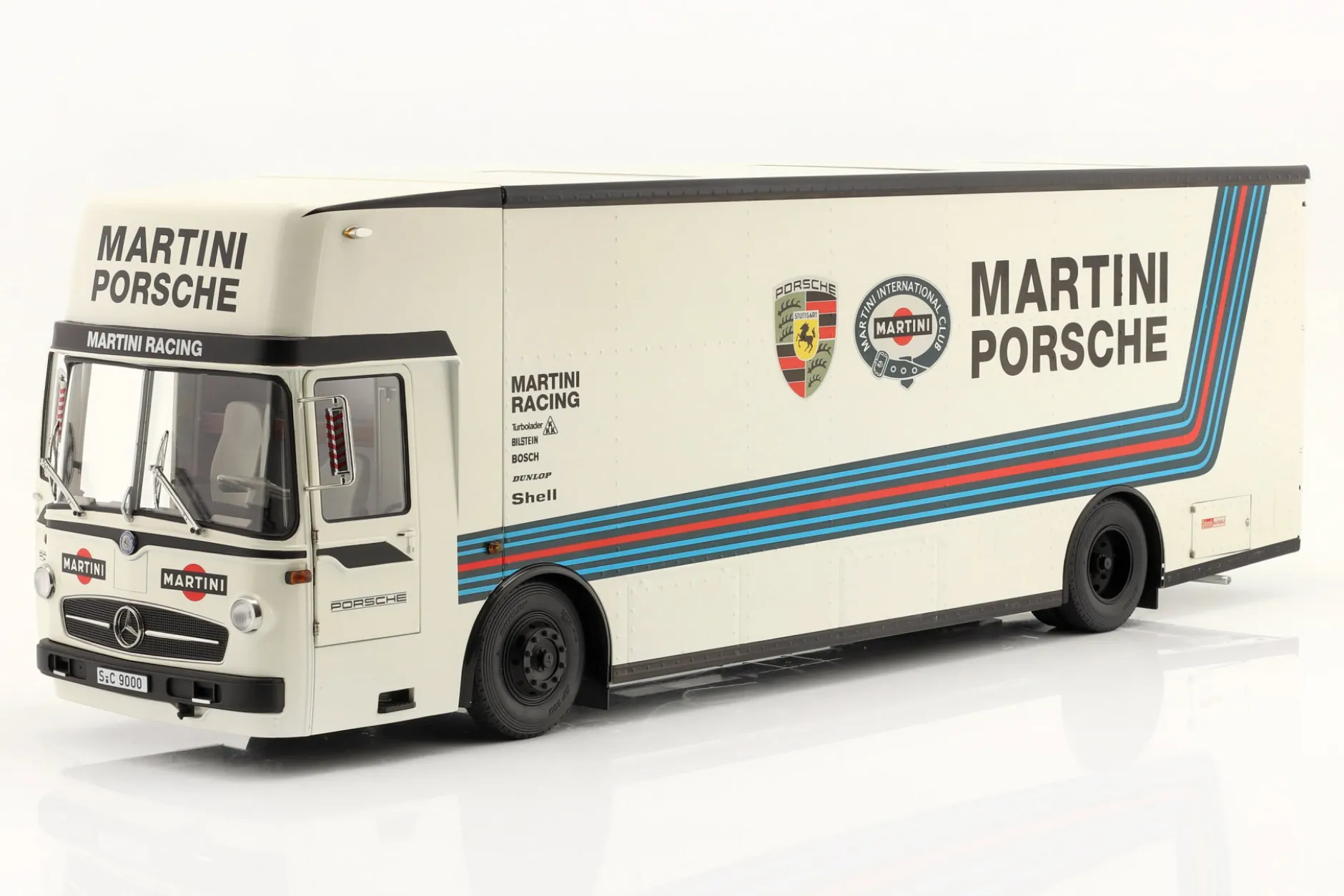 Mercedes-Benz O 317 Renntransporter Porsche Martini Racing weiß 1:18 Schuco
