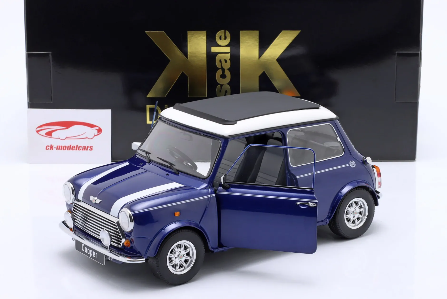Mini Cooper mit Schiebedach blau metallic / weiß RHD 1:12 KK-Scale