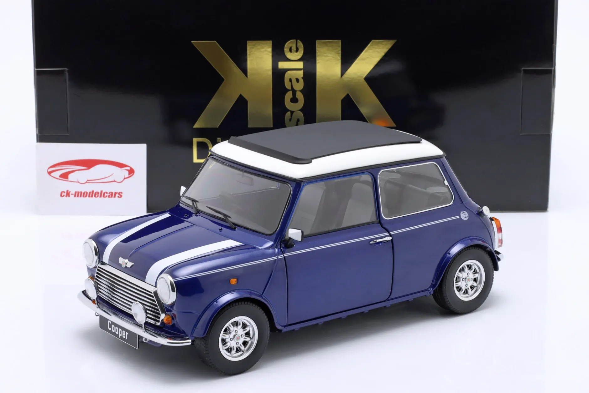 Mini Cooper mit Schiebedach blau metallic / weiß RHD 1:12 KK-Scale