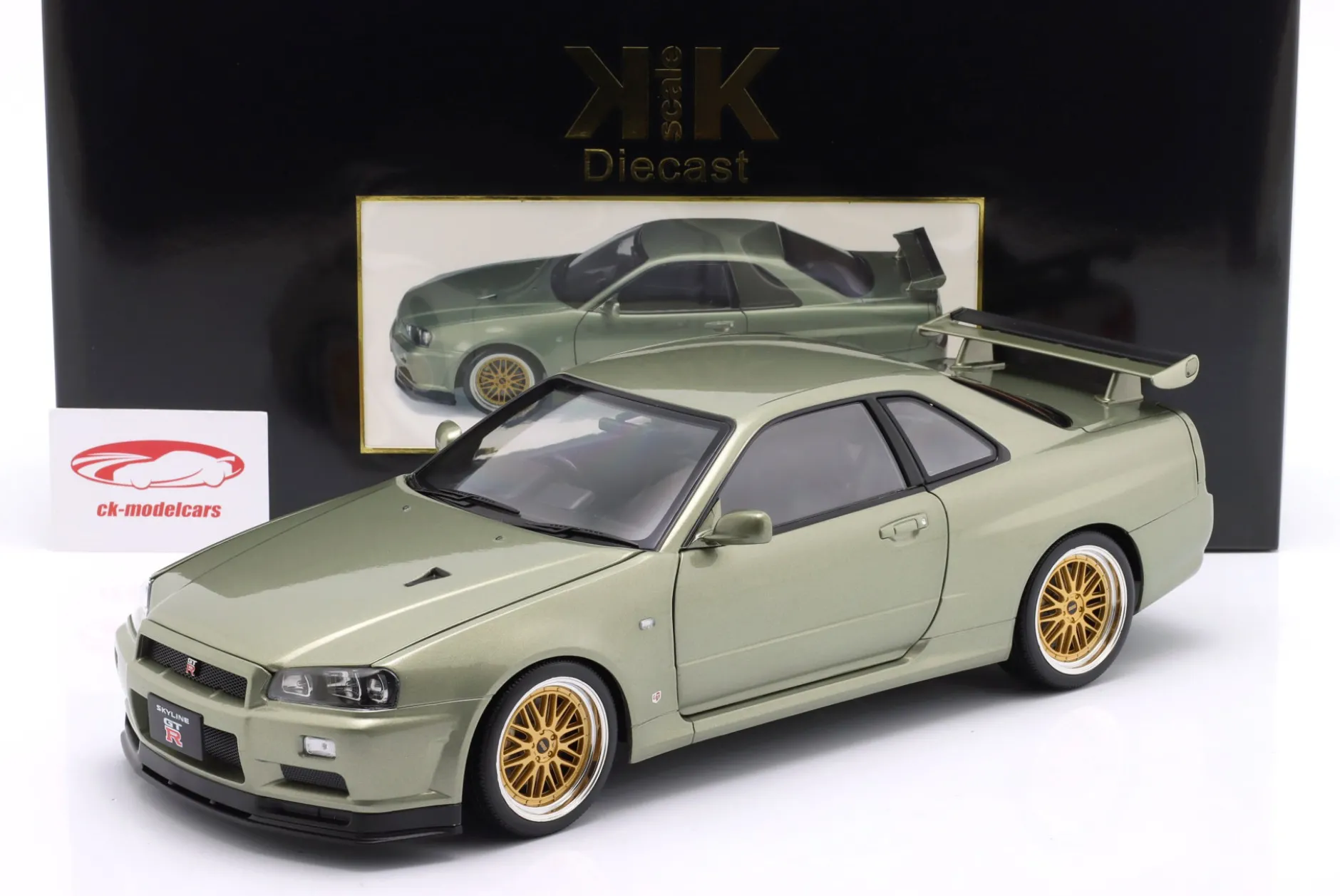 Nissan Skyline GT-R (R34) V-Spec Nür BBS-Felgen 2001 hellgrün metallic 1:12 KK-Scale