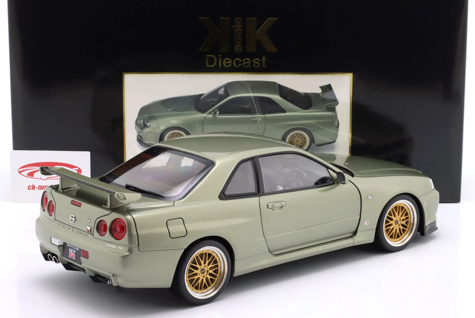 Nissan Skyline GT-R (R34) V-Spec Nür BBS-Felgen 2001 hellgrün metallic 1:12 KK-Scale