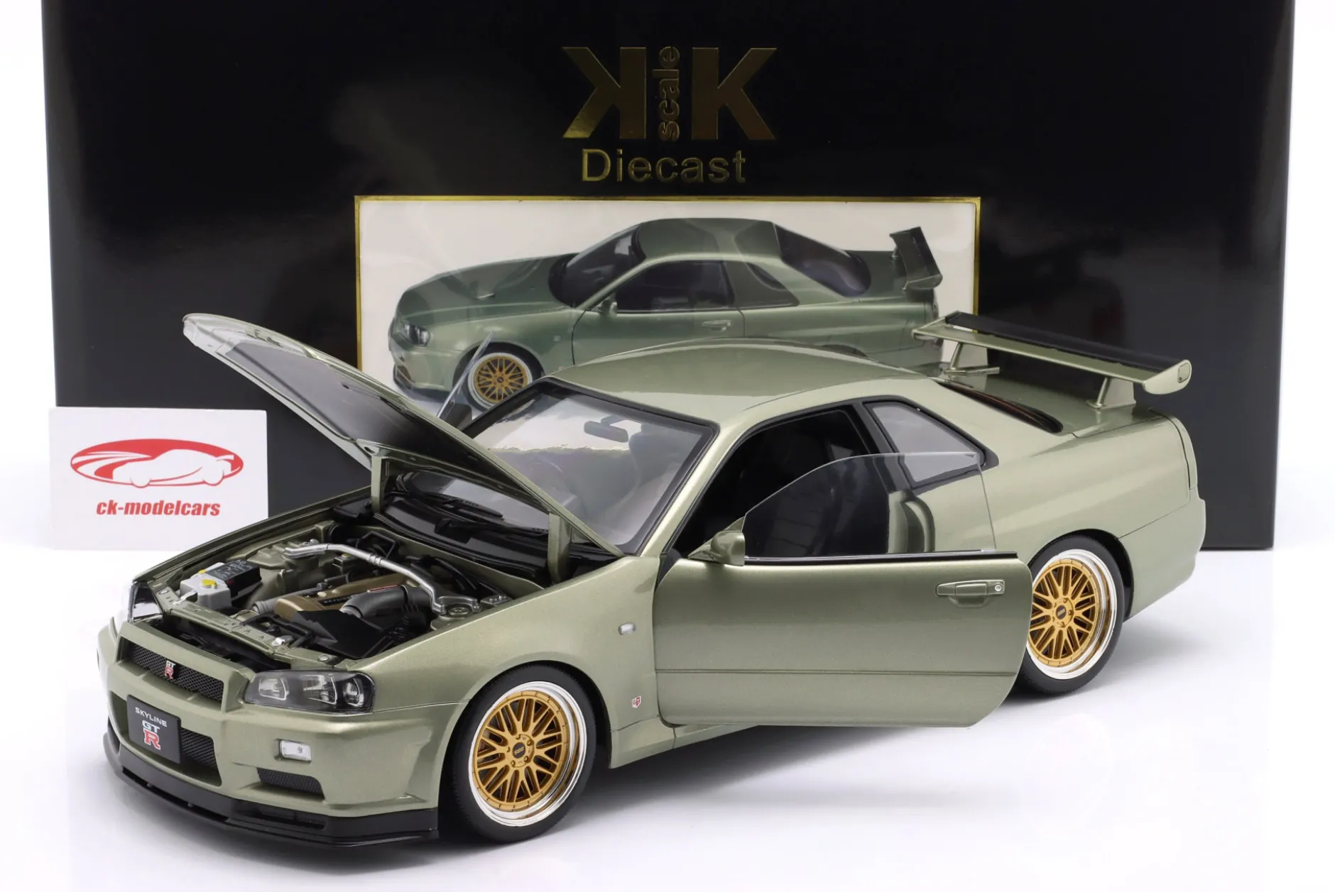 Nissan Skyline GT-R (R34) V-Spec Nür BBS-Felgen 2001 hellgrün metallic 1:12 KK-Scale