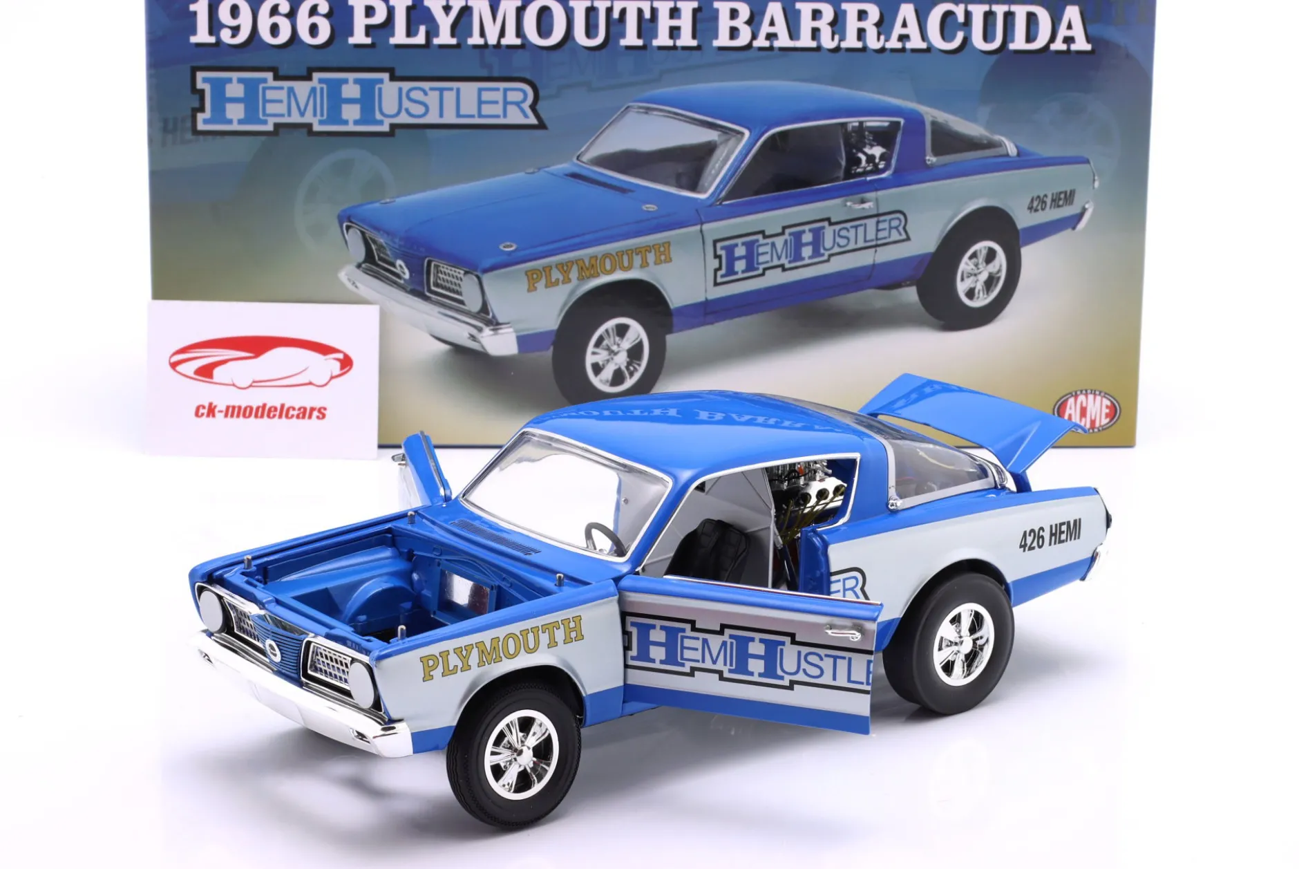 Plymouth Barracuda 426 Hemi Hustler Baujahr 1966 blau / grau 1:18 GMP