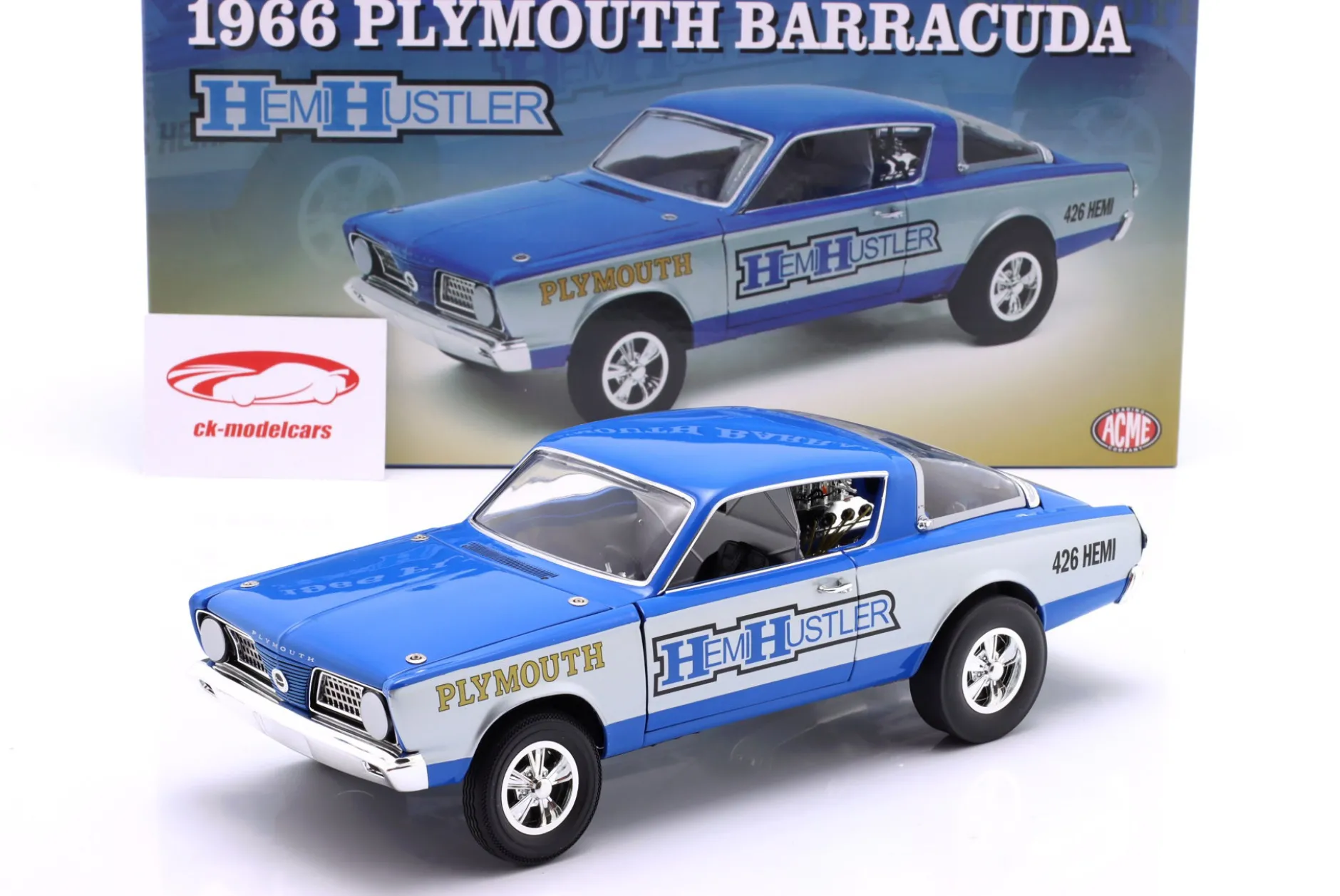 Plymouth Barracuda 426 Hemi Hustler Baujahr 1966 blau / grau 1:18 GMP