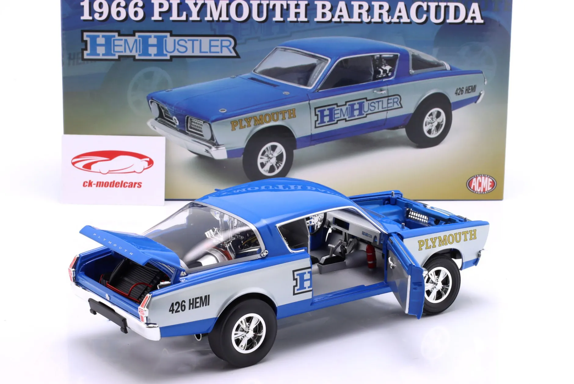 Plymouth Barracuda 426 Hemi Hustler Baujahr 1966 blau / grau 1:18 GMP