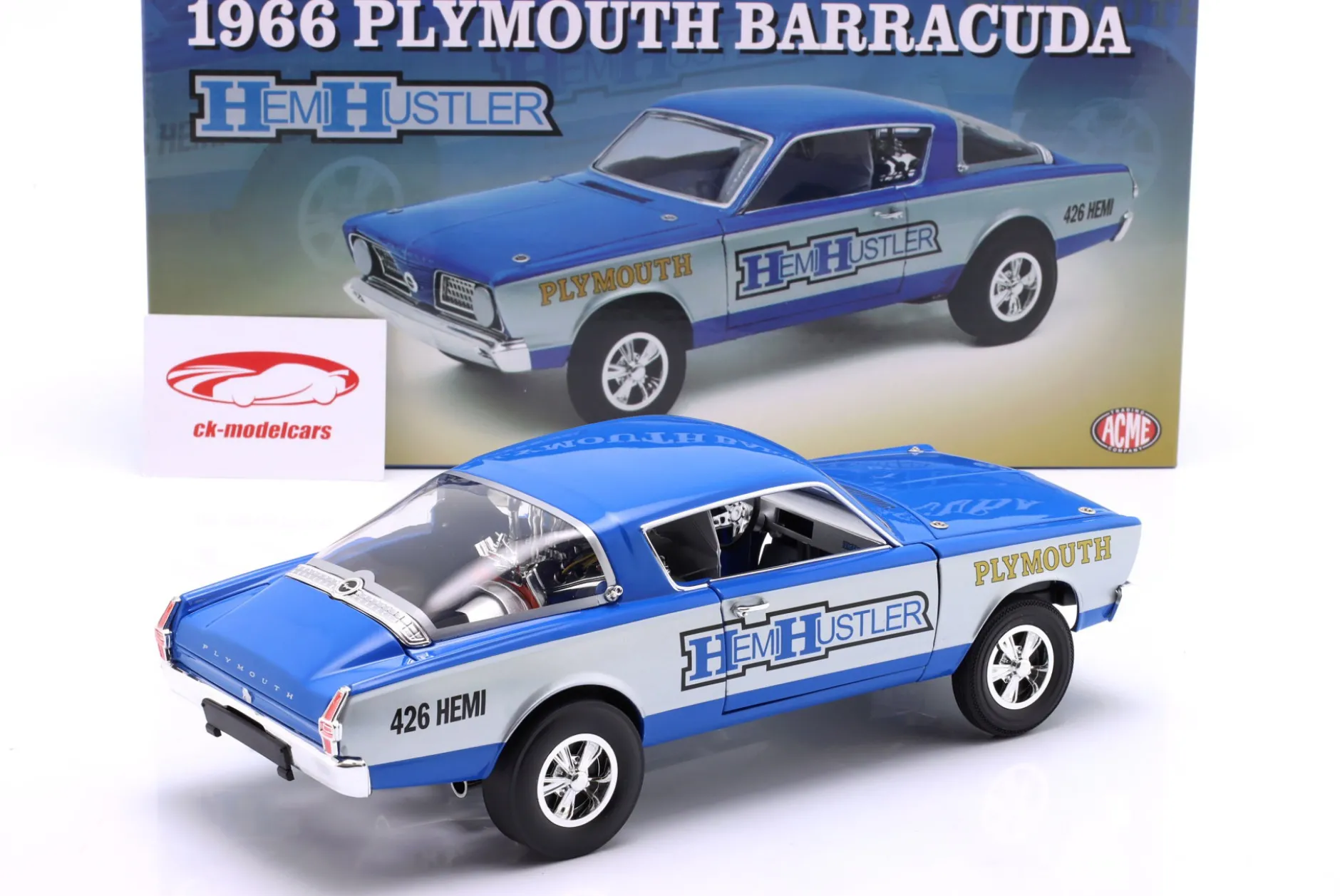 Plymouth Barracuda 426 Hemi Hustler Baujahr 1966 blau / grau 1:18 GMP