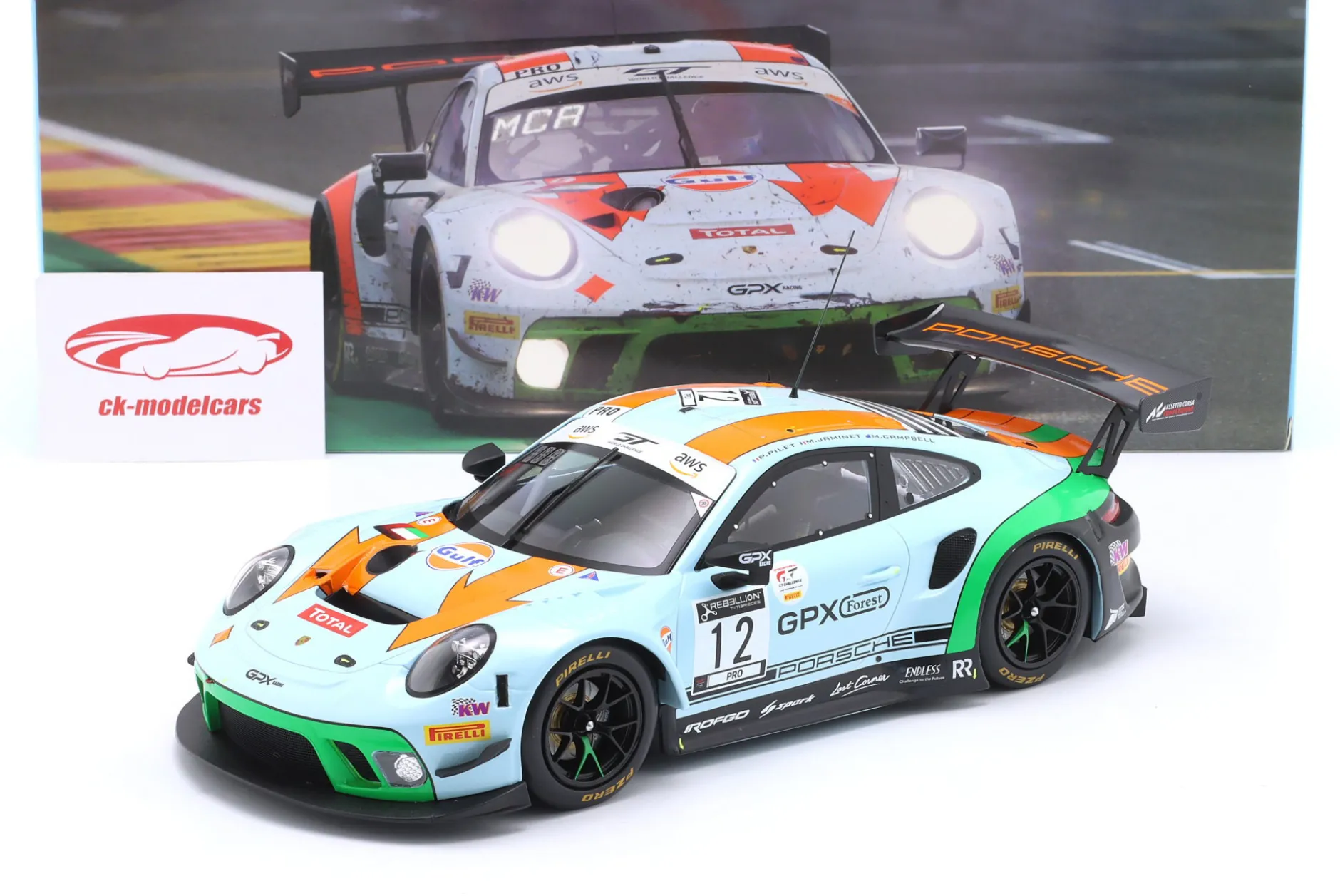 Porsche 911 GT3 R Gulf #12 4th 24h Spa 2020 Campbell, Pilet, Jaminet 1:18 Ixo