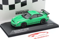 Porsche 911 (997.1) GT3 RS Baujahr 2006 grün mit Dekor 1:43 Minichamps