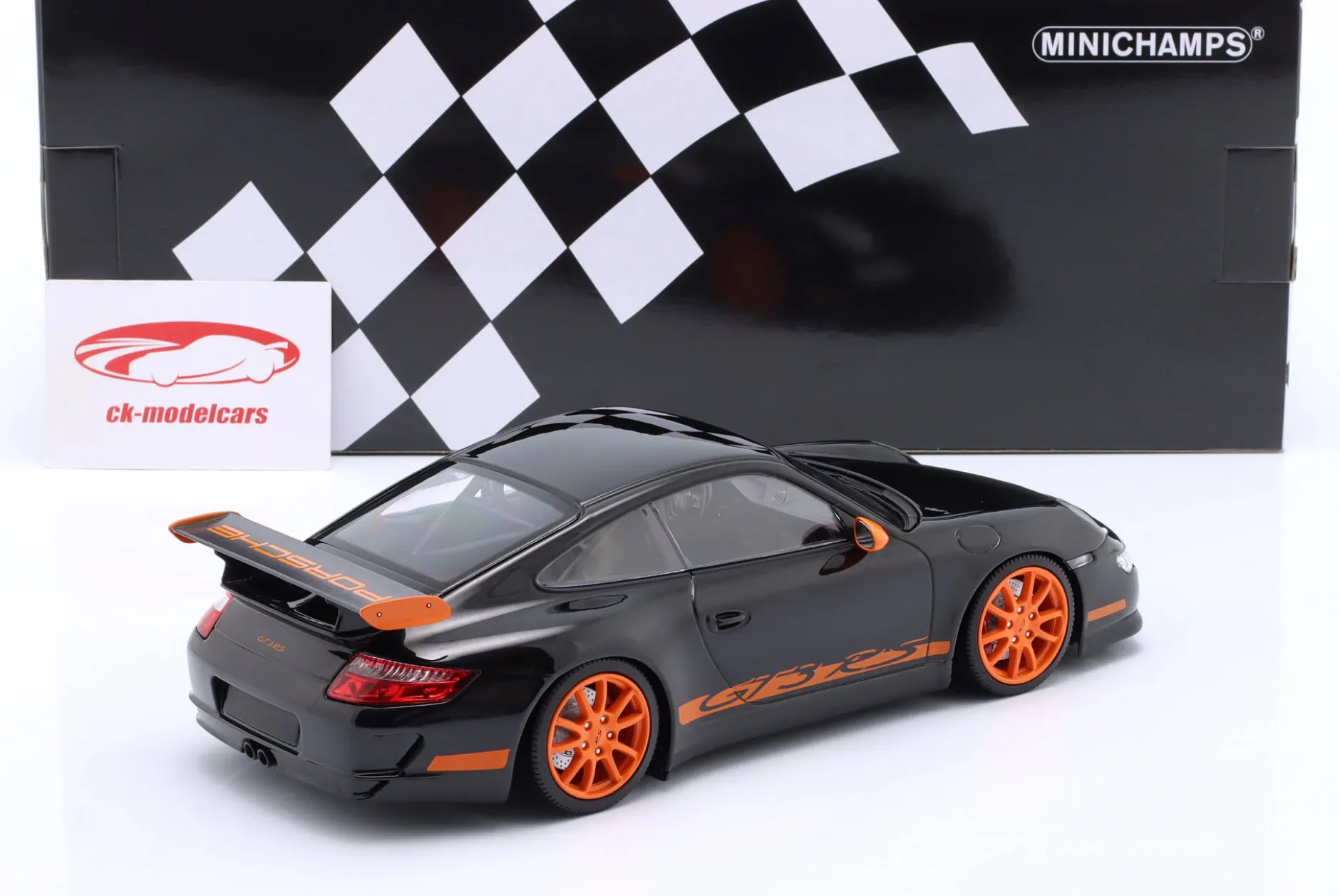 Porsche 911 (997) GT3 RS Baujahr 2007 schwarz / orange Felgen 1:18 Minichamps