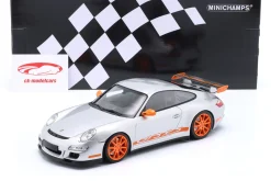 Porsche 911 (997) GT3 RS Baujahr 2007 silber / orangene Felgen 1:18 Minichamps