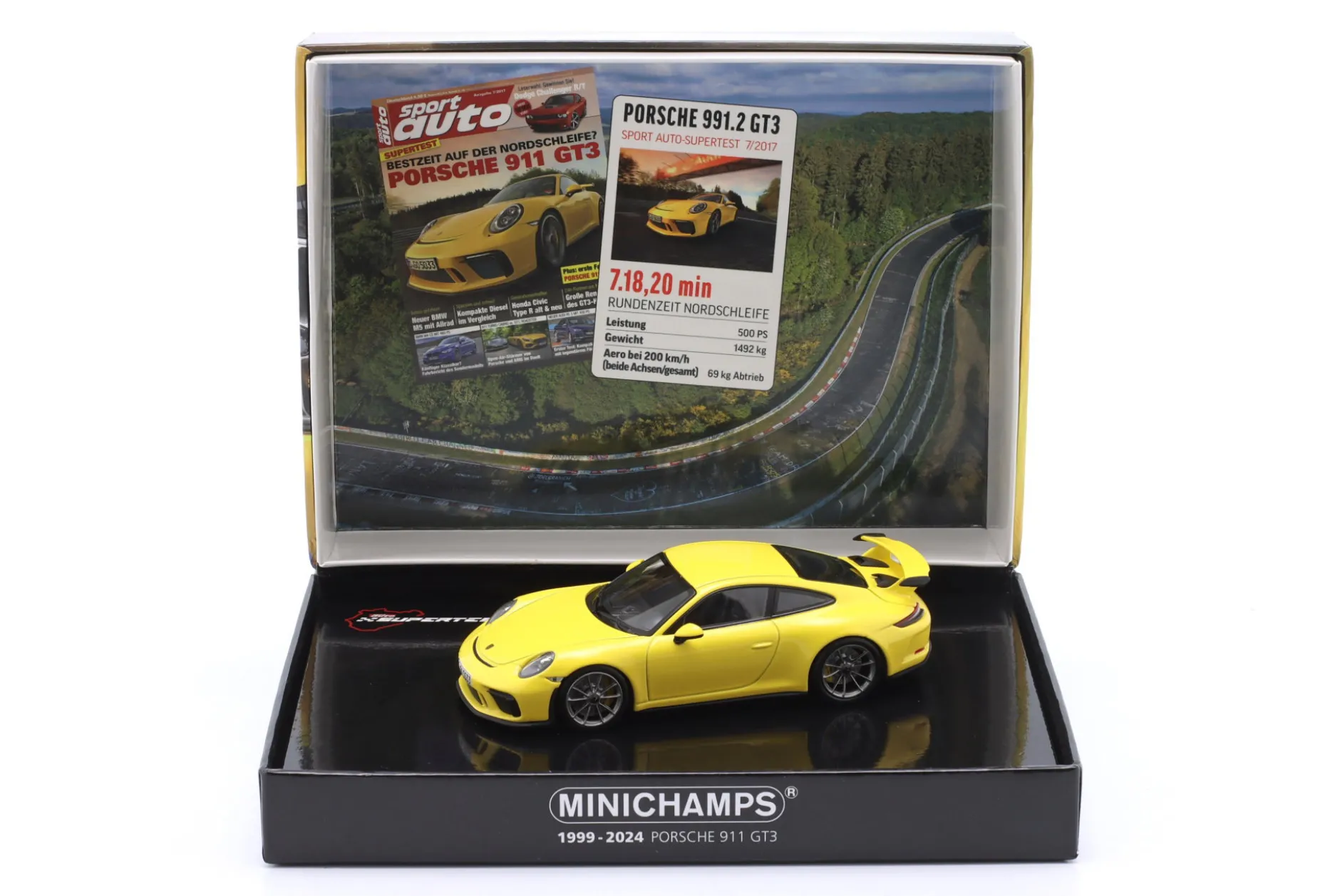 Porsche 911 (991.2) GT3 Test Nürburgring 2017 gelb 1:43 Minichamps