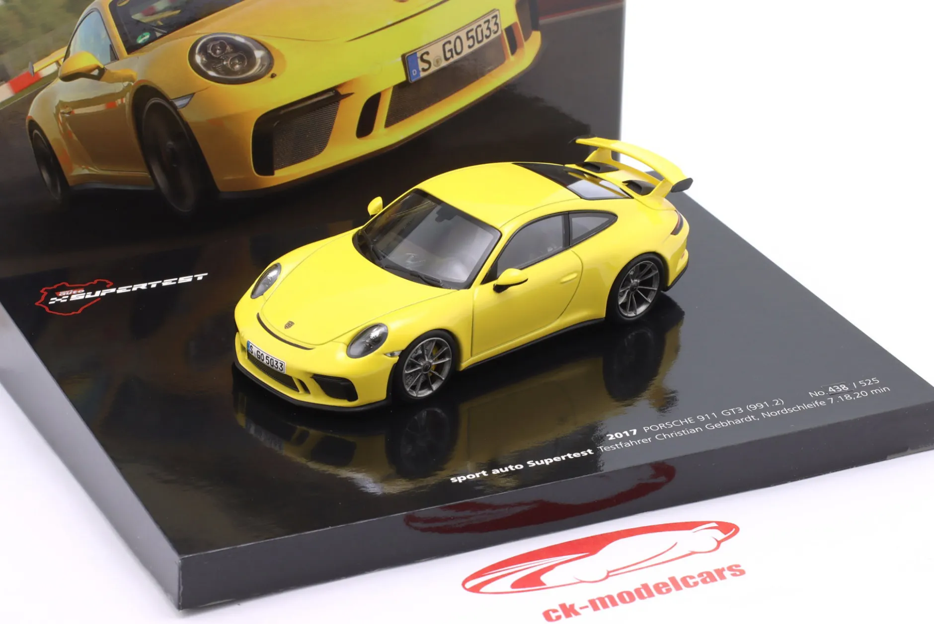 Porsche 911 (991.2) GT3 Test Nürburgring 2017 gelb 1:43 Minichamps
