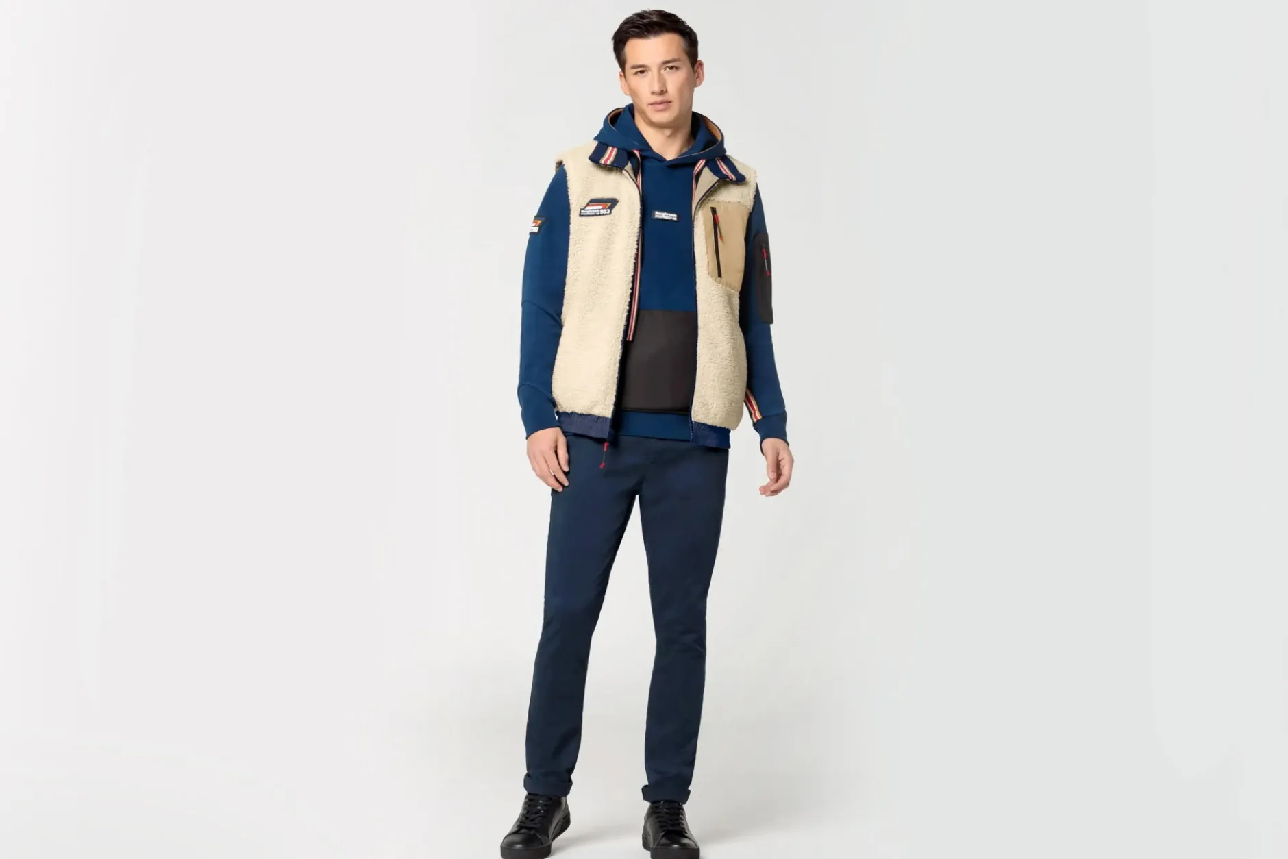 Porsche Teddyweste 953 Roughroads Collection beige / blau