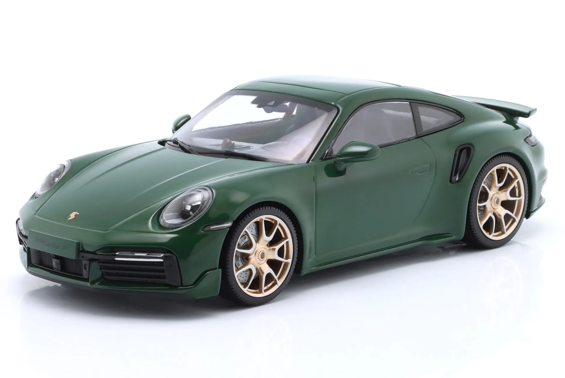 Porsche 911 (992) Turbo S Coupe Sport 2024 grün / goldene Felgen 1:18 Minichamps