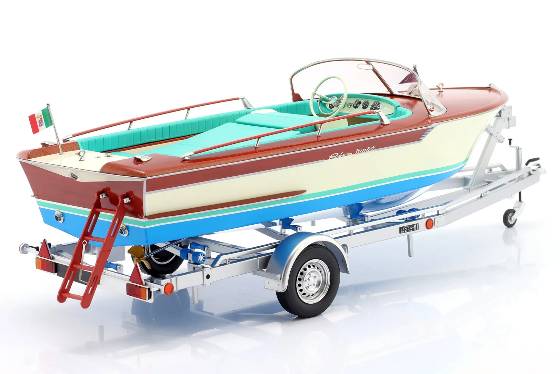 Riva Junior Motorboot auf Anhänger 1966 elfenbein / blau / braun / türkis 1:18 MITICA