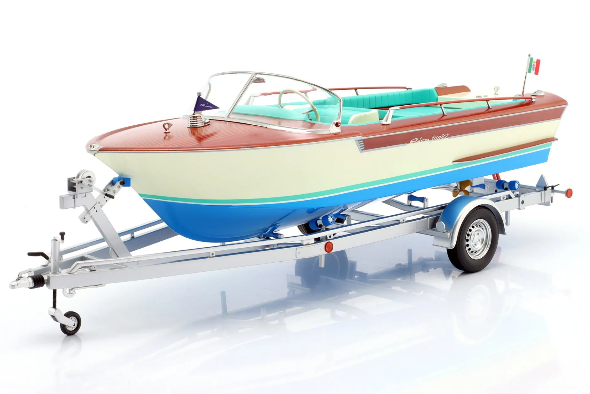 Riva Junior Motorboot auf Anhänger 1966 elfenbein / blau / braun / türkis 1:18 MITICA