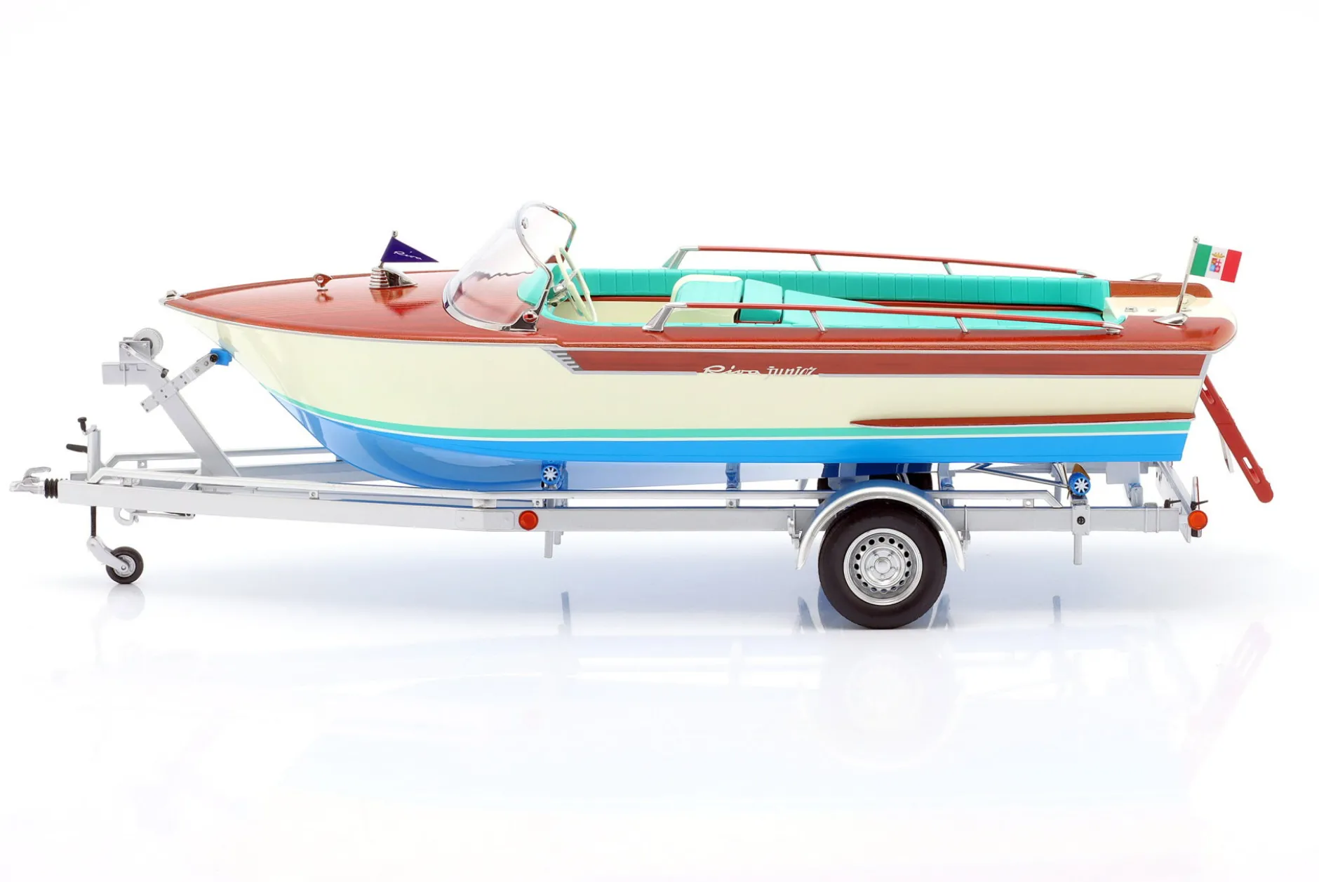 Riva Junior Motorboot auf Anhänger 1966 elfenbein / blau / braun / türkis 1:18 MITICA