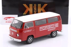 Volkswagen VW T2b Bus mit Fuchs Felgen Porsche Renndienst 1972 rot / weiß 1:18 KK-Scale
