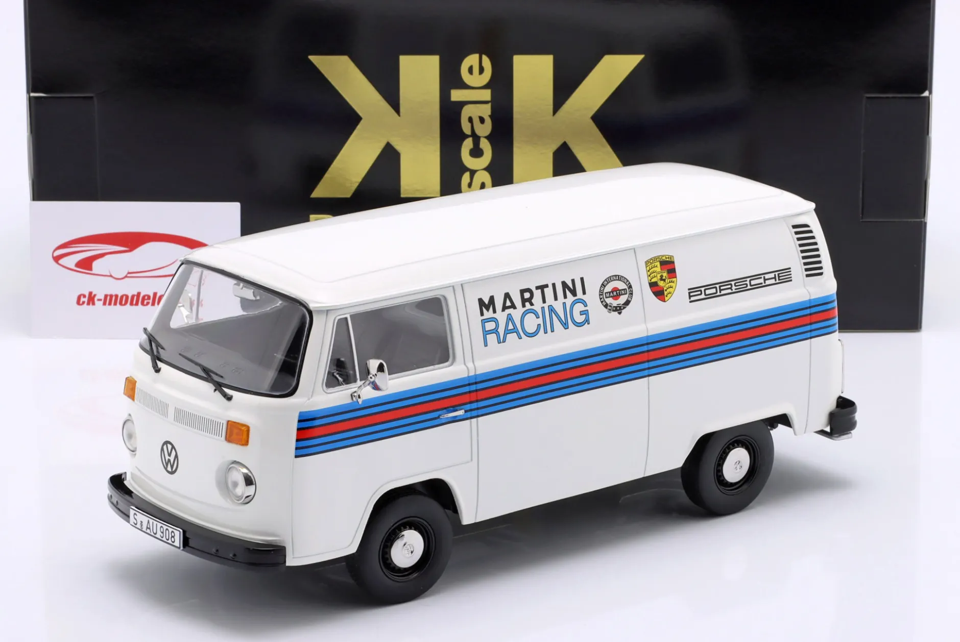 Volkswagen VW T2b Bus Porsche Martini Racing Baujahr 1972 weiß 1:18 KK-Scale