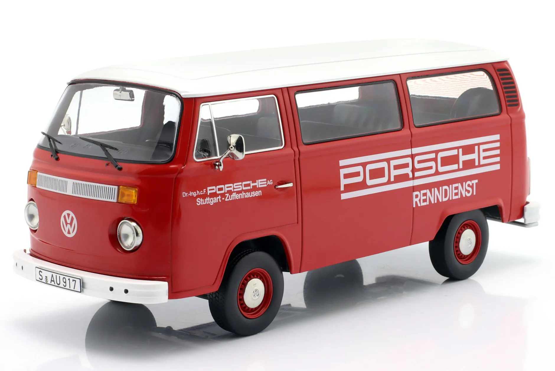 Volkswagen VW T2b Bus Porsche Renndienst Baujahr 1972 rot / weiß 1:18 KK-Scale